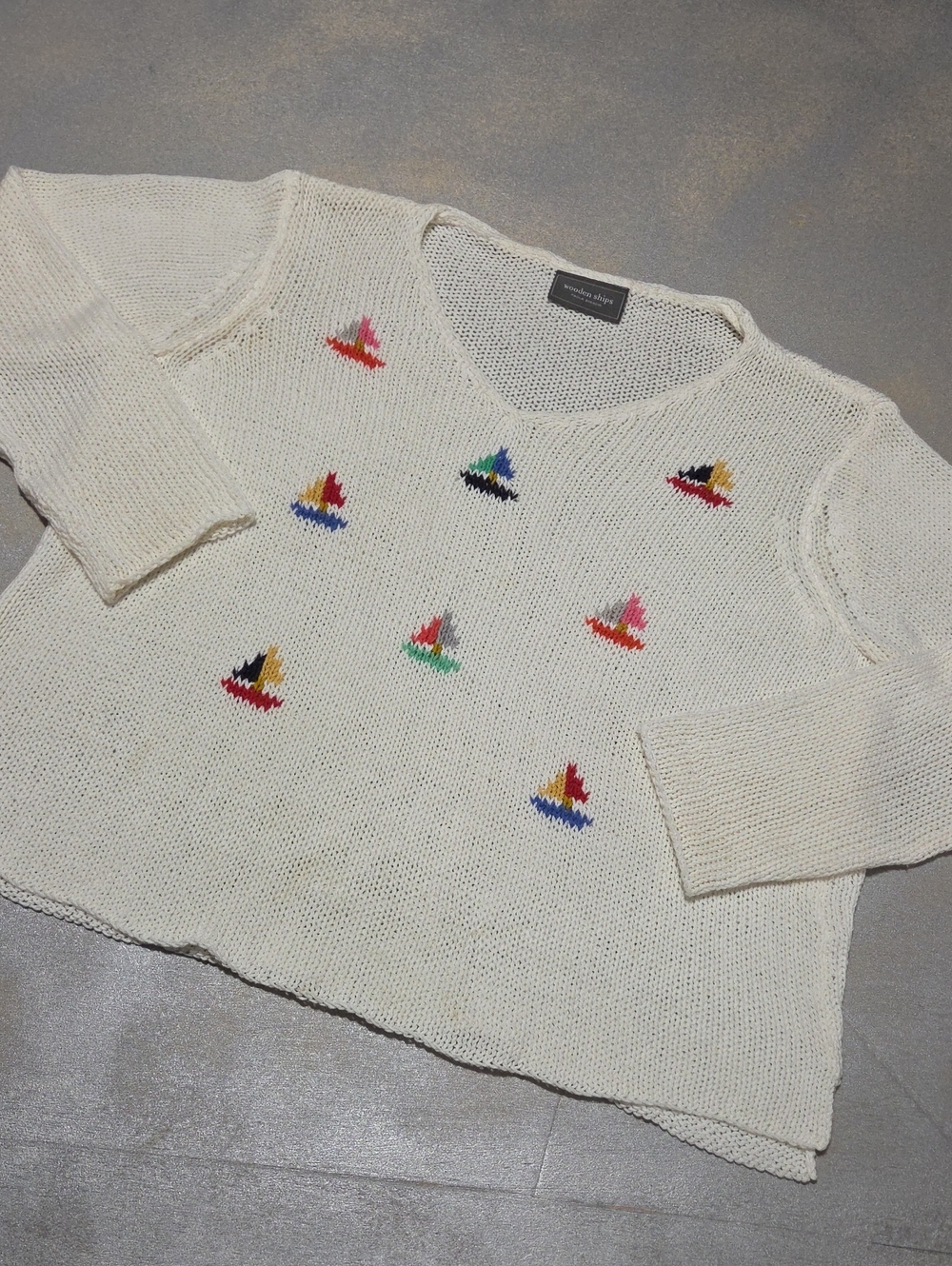 Wooden Ships Cream V-Neck Sweater with Multicolor Sailboat Embroidery Oversized